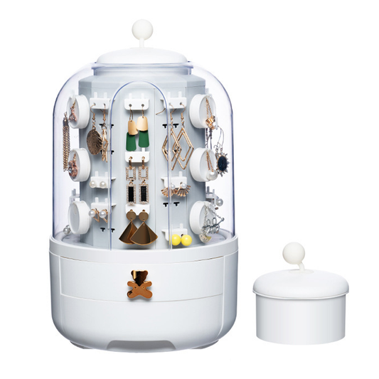 FantasyPalette 360 Rotating Jewelry Box with Transparent Dustproof Cover, Dual Drawers, and Storage Tower for Organized