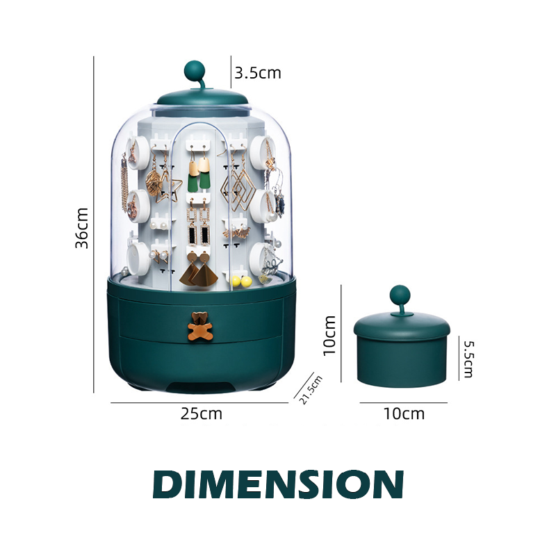 FantasyPalette 360 Rotating Jewelry Box with Transparent Dustproof Cover, Dual Drawers, and Storage Tower for Organized