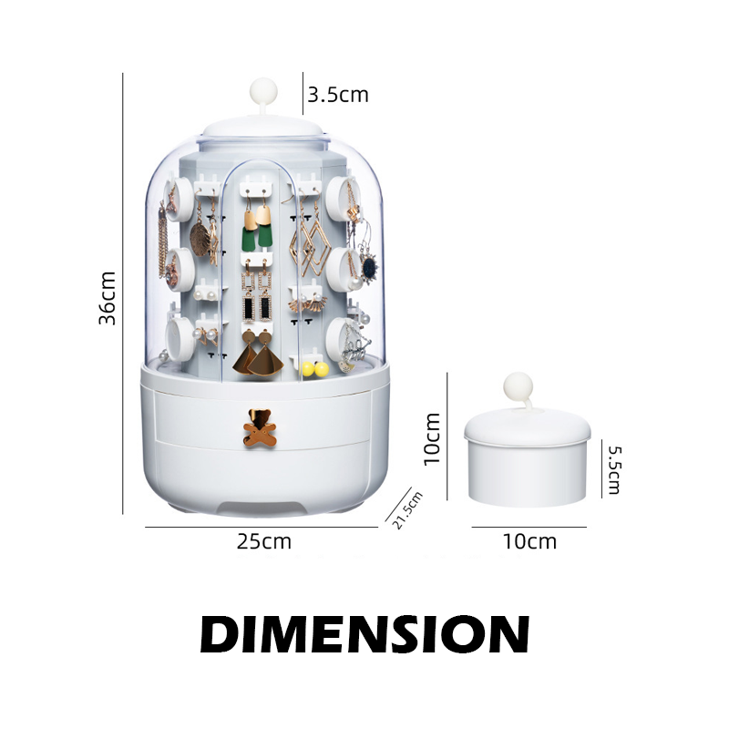 FantasyPalette 360 Rotating Jewelry Box with Transparent Dustproof Cover, Dual Drawers, and Storage Tower for Organized