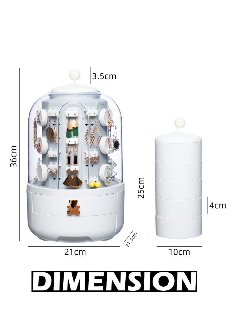 FantasyPalette 360 Rotating Jewelry Box with Transparent Dustproof Cover, Dual Drawers, and Storage Tower for Organized