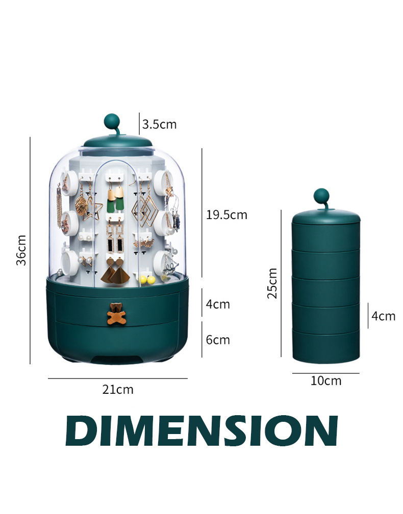 FantasyPalette 360 Rotating Jewelry Box with Transparent Dustproof Cover, Dual Drawers, and Storage Tower for Organized