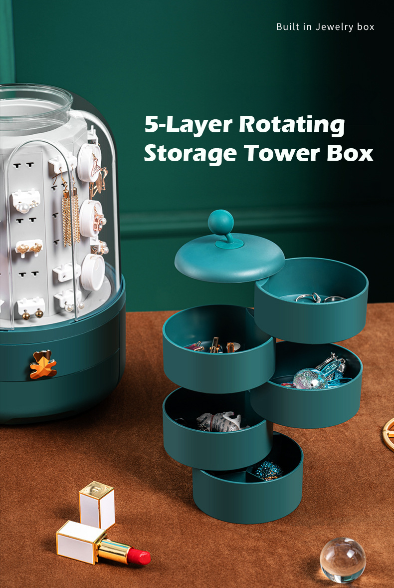 FantasyPalette 360 Rotating Jewelry Box with Transparent Dustproof Cover, Dual Drawers, and Storage Tower for Organized