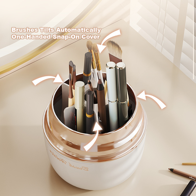 FantasyPalette Oval Rotating Makeup Brush holder with Clear Dustproof Cover Beige/Silver