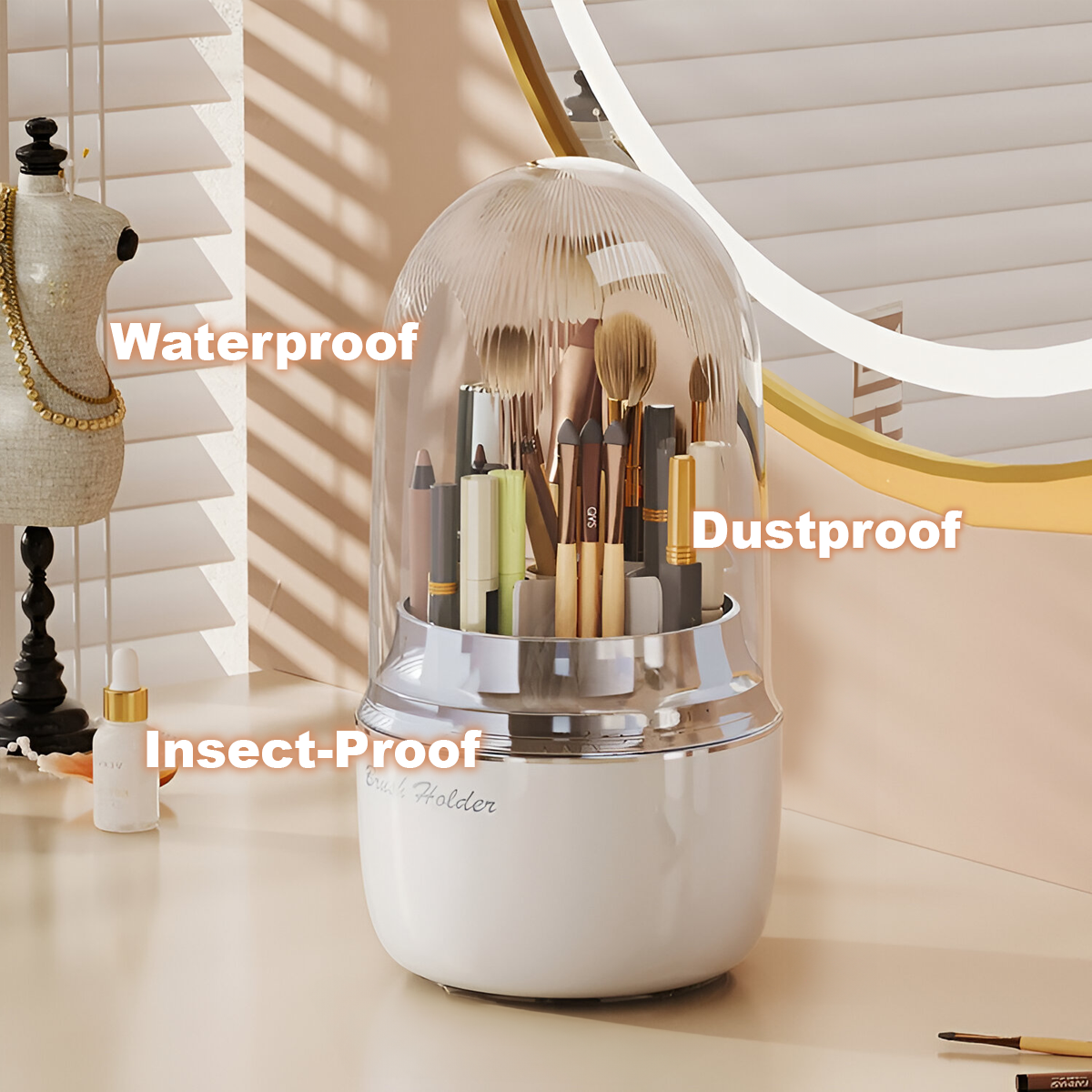 FantasyPalette Oval Rotating Makeup Brush holder with Clear Dustproof Cover Beige/Silver